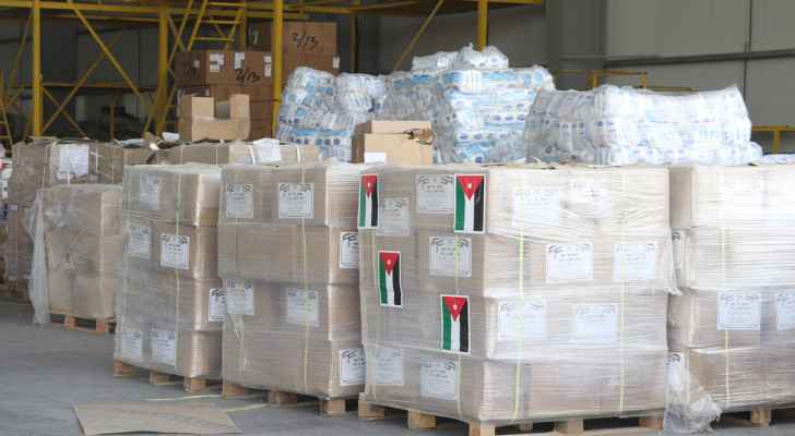 Aid pallets readied before being loaded into an RJAF aircraft. (Photo: Jordanian Armed Forces) 