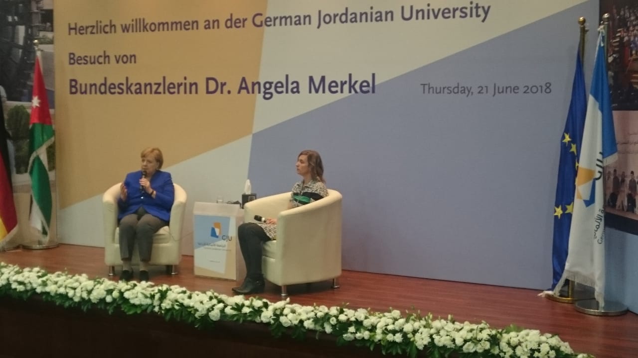 Merkel talks to Jordanian students in Amman on Thursday July 21, 2018
