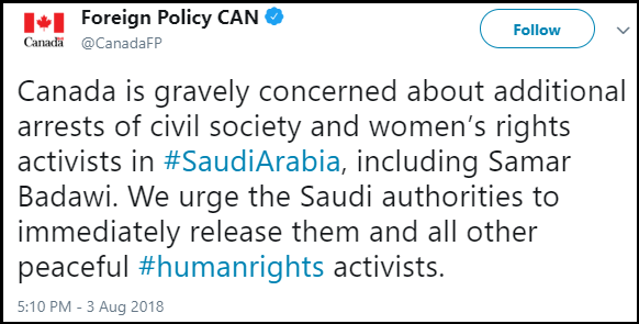 Canada tweets about Saudi Arabia arrest to activists