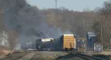 US cargo train derails, causing massive fire