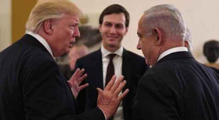 The Israeli PM Benjamin Netanyahu with US President Donald Trump and his senior advisor, Jared Kushner.