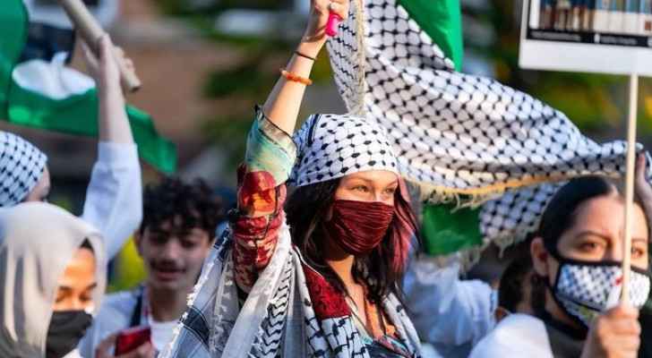 American-Palestinian model Bella Hadid in a pro-Palestine rally. 