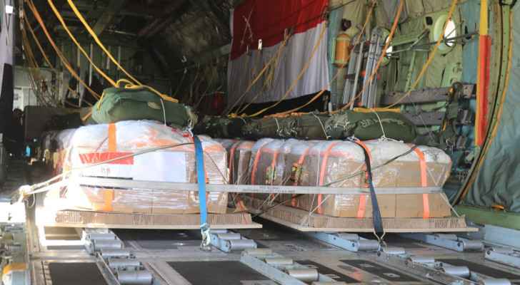 Aid pallets in a Jordanian Royal Air Forces (RJAF) aircraft ready to be airdropped over Gaza. (Photo: JAF) 