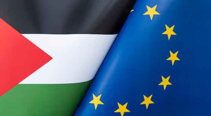The flags of the European Union and Palestine. 