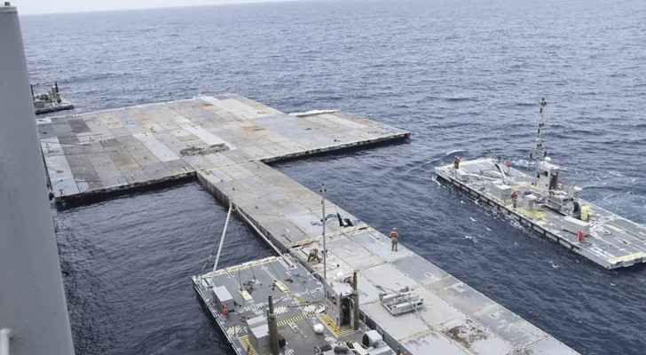  An undated photo released on April 30, 2024, by the US military's Central Command (CENTCOM) showing the construction of the floating pier.